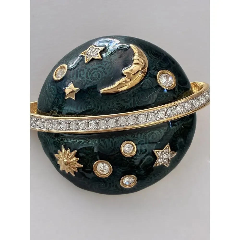 Swarovski Brooch Pin Saturn Planet Sun Moon Stars Rhinestone Swan Signed Vintage